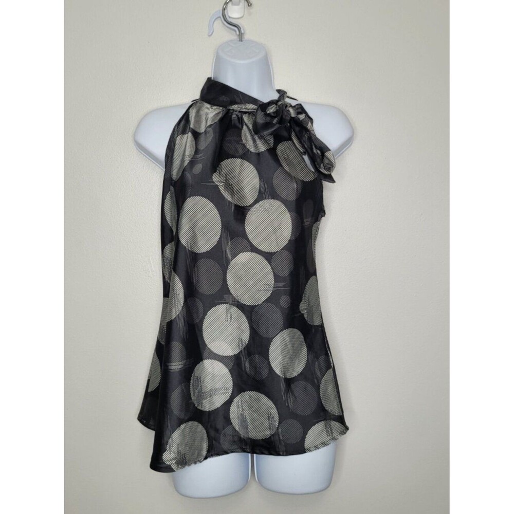 Y2k Maurices black gray circle print tie neck satin feel artsy going out top M